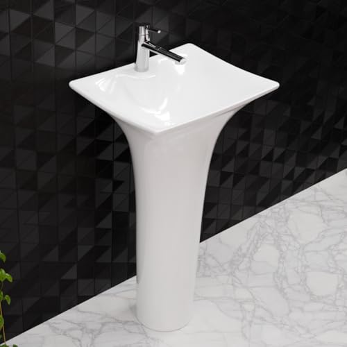 Image of InArt One Piece Ceramic Design Pedestal Free Standing Rectangular Wash Basin for Hall And Bathroom (18 x 15 x 32 Inch, White)