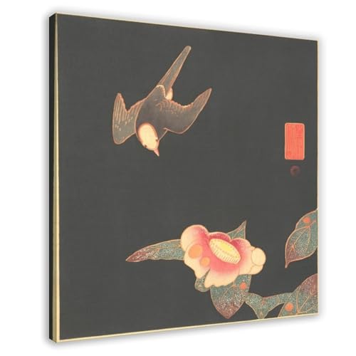 Toile hirondelle et camélia Jakuchu Ito décoration murale bureau 50cm