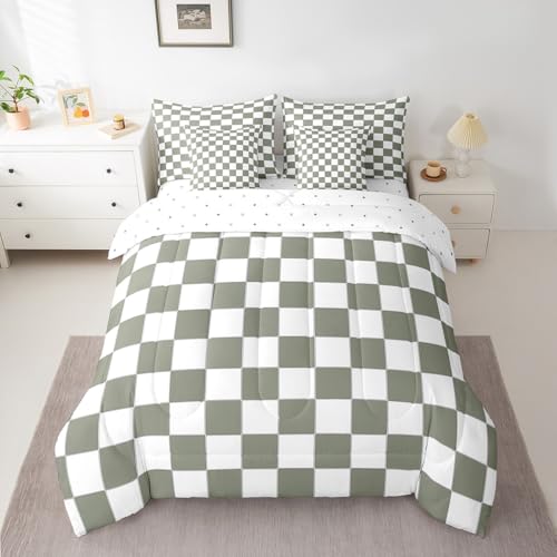 Image of Erosebridal White Sage Green Checkered King Bedding Set 7 Piece Buffalo Plaid Grid Comforter Set with Sheets for Kids Adults Men Women Checkerboard Bed in A Bag Aesthetics Gingham Bed Set