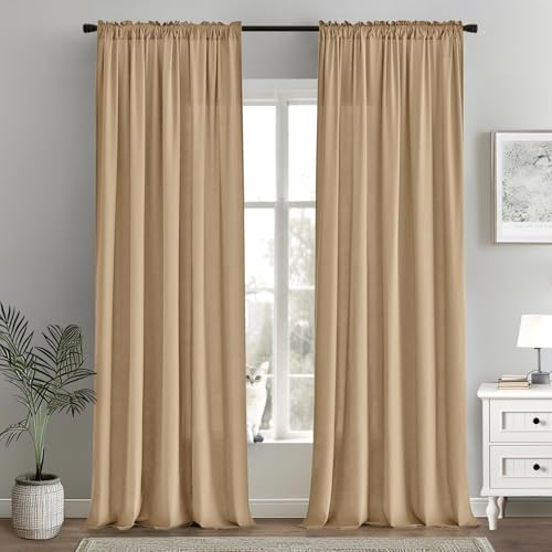 Image of MIULEE Brown Semi Sheer Privacy Curtains Drapes 2 Panels 52W x 96L | Semi sheer privacy, non-see-through, light filtering, fits kitchen, bathroom, bedroom
