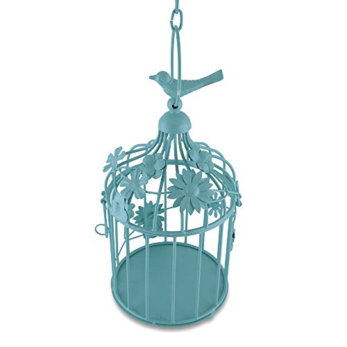 Image of Homesake Turquoise Small Hanging Candle Cage with Floral Vine, Decorative Metal Lantern with Chain, Tealight Candle Holder for Living Room, Balcony, Patio, Garden, Wedding & Home Decor