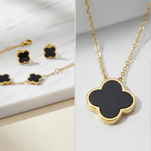 Parure de bijoux trèfle à quatre feuilles plaqué or 18 carats en acier inoxydable double face - Collier boucles d'oreilles bracelet bague Saint Valentin fête des mères cadeau de Noël pour femme et – vue 3