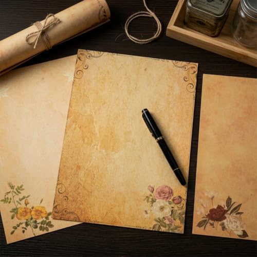 Image of HASTHIP 40 Pcs Letter Writing Paper - A4size 8 Designs Vintage Floral Decorative Handmade Paper Retro Stationery Antique Yellowish Craft Papers for Invitations, Scrapbooking, Journaling, 11.2x8.26in