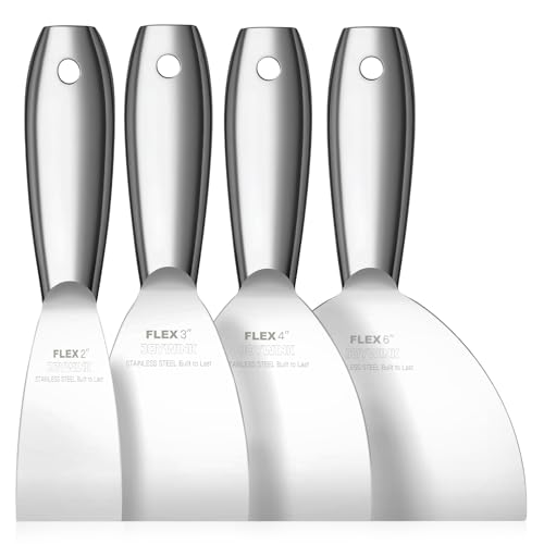 Putty Knife Set, 4Pcs 2",3",4",6" One Piece Putty Knives for Spackling, Drywall, Paint, and Wallpaper Removal, Premium Polished All-Metal Stainless Steel Putty Knife for Smooth Finish