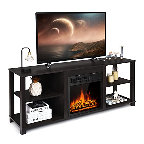 Tangkula Faux Fireplace TV Stand for 65 inch TV, with 18 inch 1500W Recessed Electric Fireplace, 7 Flame Settings & Remote Control