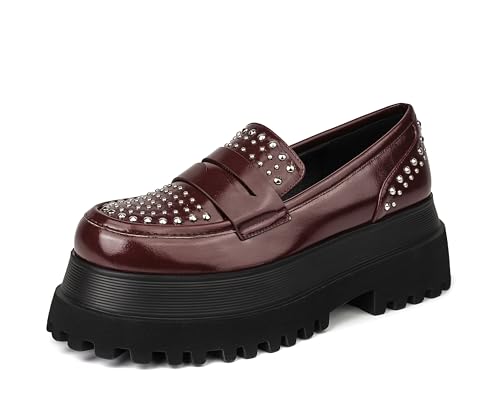 Image of feetquake Womens Dress Shoes with Sparked Studs Chunky Sole Pumps Shoes for Women Comfortable Flats and Dressy Burgundy Loafers Women 11M