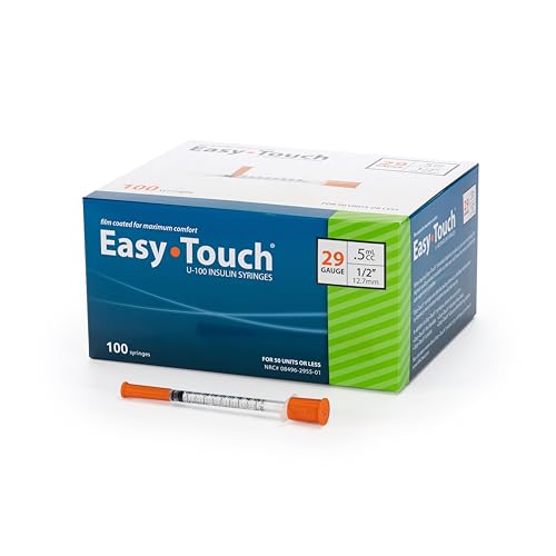 Image of Easy Touch 29 Gauge U-100 Insulin Syringes (29G 0.5cc 1 /2 inch) with 1 /2 inch Long Needle, 0.5cc (50 Unit Capacity), Bold Markings for Accurate Dosing, Disposable, Box of 100