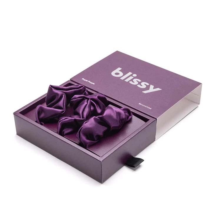Image of Blissy Silk Scrunchies (3 Pack) - 100% Pure Mulberry Silk - 22 Momme 6A High-Grade Fibers - Scrunchie for Straight & Curly Hair (Royal Purple, Regular)