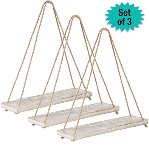 Rustic Distressed Wood Hanging Shelves: 17-Inch with Swing Rope Floating Shelves