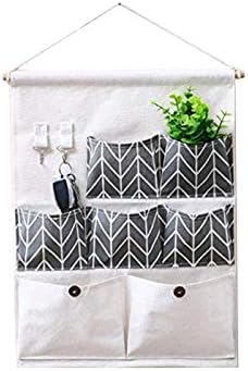 WishLotus Wall Hanging Bag, Linen Cotton Fabrics Hanging Organizers, Cloth Hanging Storage Bag Wall Hanging Organizer Over The Door Magazine Storage 7 Pockets with 2 Key Hooks (Grey)