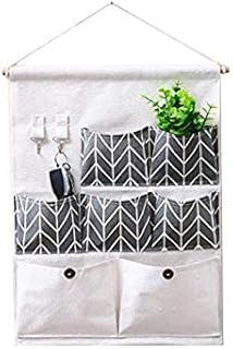 WishLotus Wall Hanging Bag, Linen Cotton Fabrics Hanging Organizers, Cloth Hanging Storage Bag Wall Hanging Organizer Over The Door Magazine Storage 7 Pockets with 2 Key Hooks (Grey)
