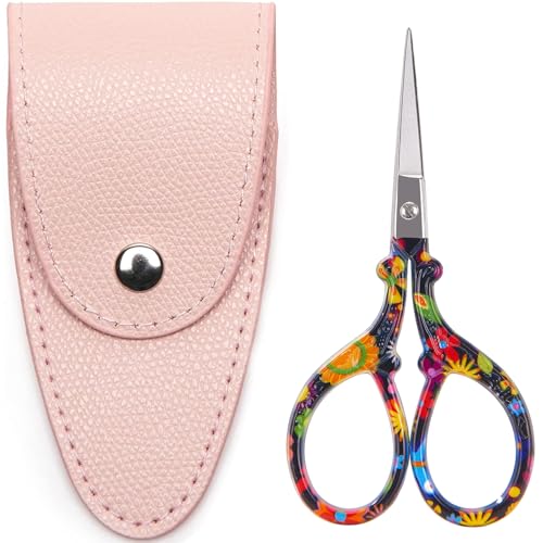 3.6 inch Small Sewing Scissors, Mini Scissors in a Pouch, All Purpose with Leather Sheath Cover, Black Flower