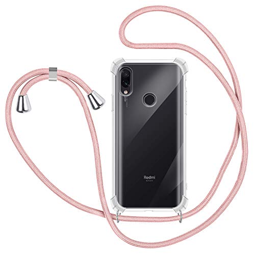Funda con Cuerda para Xiaomi Redmi Note 7, Carcasa Transparente TPU Suave Silicona Case con Correa Colgante Ajustable Collar Correa de Cuello Cadena Cordón para Xiaomi Redmi Note 7 - Oro Rosa
