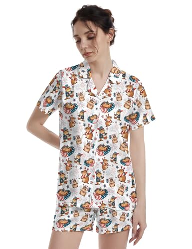 Image of Funny Satin Pajamas Set for Women Button Down Sleepwear Print Pjs Set 2 Piece Short Sleeve Loungewear Gift for Women