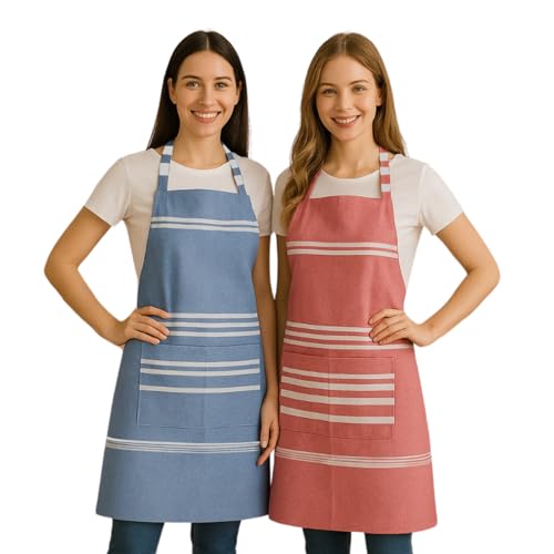 Image of Unisex Cooking Aprons | Waterproof Apron | Striped Design with 2 Front Pockets & Adjustable Neck Strap | Durable, Oil & Stain Resistant | Chef Apron for Cooking