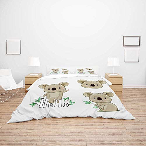 Parure de lit koala Queen Size avec ses 2 taies d'oreiller en polyester doux