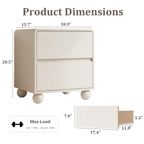 Image of MAISONARIA Curved Nightstand Set of 2, Modern Nightstand with 2 Large Storage Drawers, Wooden Endside Table for Bedroom, Beige