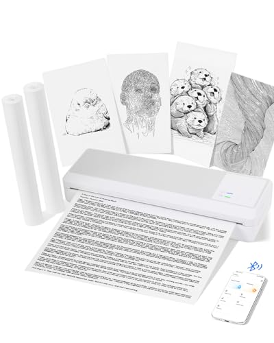 Portable Thermal Printer, Inkless Bluetooth Mobile Printer for Phone & Laptop, Compact Travel Printer Wireless for A4 Documents & Receipts, with 2000mAh Battery(2 Rolls Thermal Paper Included)
