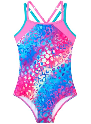 Belovance Girls Swimsuits One Piece Athletic Bathing Suit Size 13 14 Double Adjustable Straps Back Cutout Sporty Color Block Kids Children Pool Beach Swimwear Quick Dry (Rainbow Leopard, 6-7 Years)