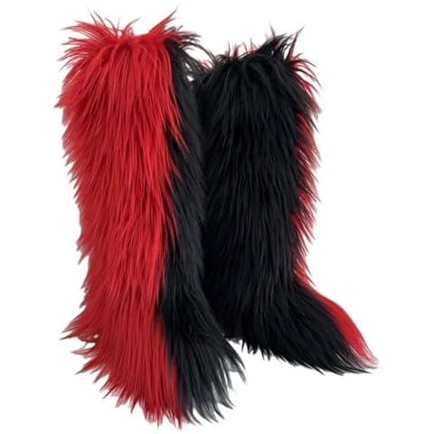 QMFUR Women's Furry Knee High Snow Boots Faux Fur Mid-Calf Boots Fluffy Flat boot Winter Warm Fashion Boots (Red+Black, Adult, Women, 8, Numeric, US Footwear Size System, Medium) Cover
