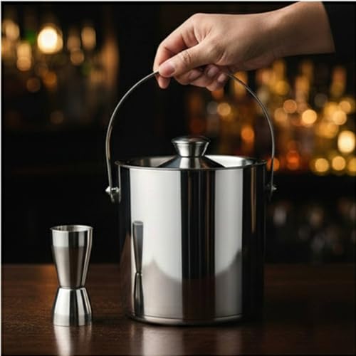 Image of finality Premium Stainless Steel Ice Bucket with Tongs and Jigger - 1 Litre Double Walled Insulated Ice Box for Bar, Home & Parties (Silver Mirror IB + Tong + Jigger)
