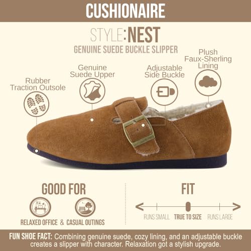 Image of CUSHIONAIRE Women's Nest Genuine Suede Slip-On Shoe with Faux Shearling Lining & Memory Foam | Adjustable Buckle & Non-Slip Sole
