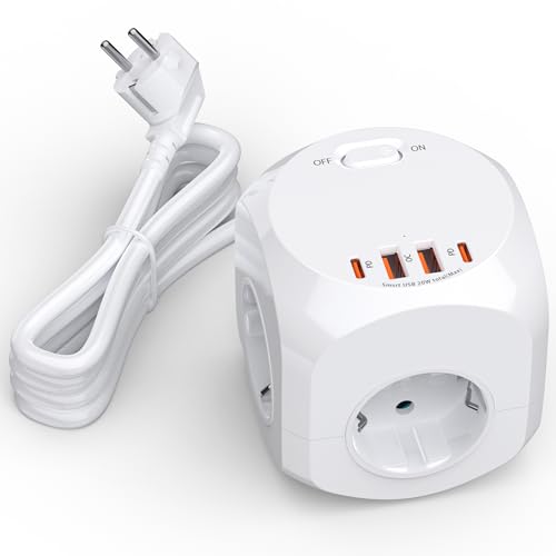 PD20W Steckdosenwürfel,4 Fach Steckdosenleiste Würfel, Mehrfachsteckdose mit USB und 2 USB C, 2500W Steckdosenturm Cube Steckerleiste mit USB,8-in-1 Mehrfachstecker Verteilersteckdose für Büro,Hause