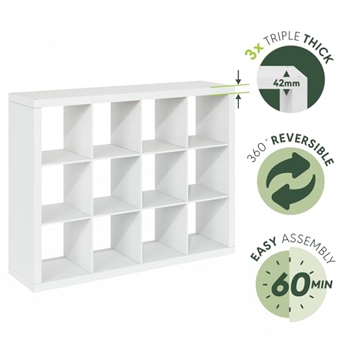 Image of Furinno Cubicle Record Player Stand, 12-Cube Vinyl Record Storage, White | Vinyl Storage, 1.68 inchInch Triple Thick, Open Back Media Shelf for CD DVD Bluray Game Disc, for Living Room, Home Office