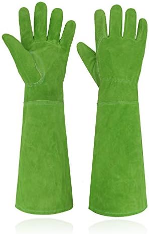 HANDLANDY Ladies Leather Gardening Gloves, Thorn Proof Long Gauntlet Heavy Duty Garden Gloves, Elbow Length Women Rose Pruning Gloves (Medium, Green)