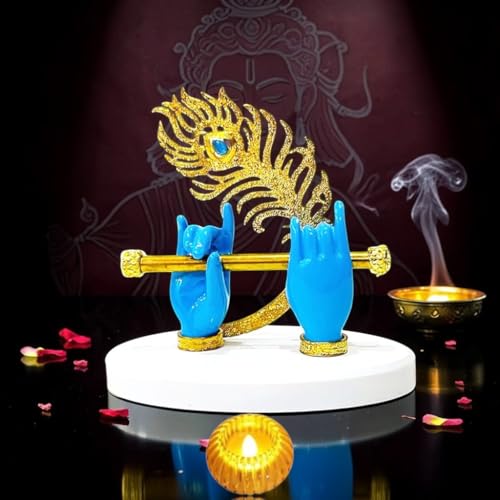 MIND CIRCUS Murli Krishna Hand Showpiece with Gold Plated Feather – Resin Decorative Krishna Flute Figurine for Home Decor, Living Room Tabletop Statue, Spiritual Gift Item (10 x 11 x 5 cm) (Blue)