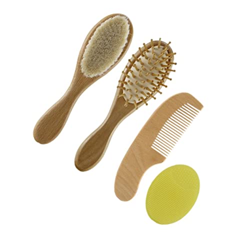 WOONEKY Wooden Baby Hair Brush Comb Set Boys and Girls Styling Comb Bath Set Gentle Scalp Care Wool Safe for Toddlers