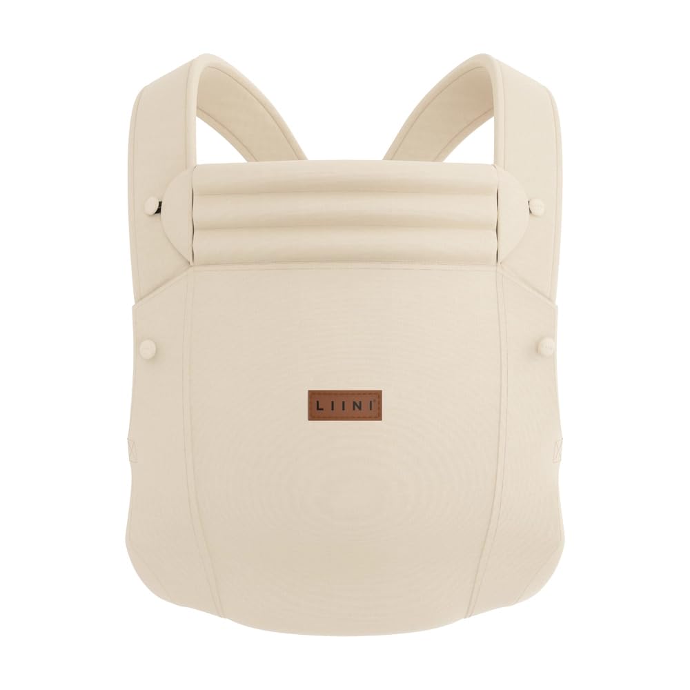 LIINI® Babytrage aus Leinen (Beige) – ab Geburt (3,5 kg) bis 15 kg, verstellbare Träger, Kopfstütze, Klickverschluss, ergonomisch & bequem – CE EN71-3 & SGS EN13209-2