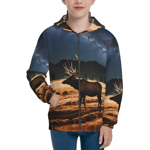 Elk in the meadow Print Girls Athletic Zip Up Hoodies,Sweatshirts with Pockets Long Sleeve Hooded Jackets, for 7-18 Y2