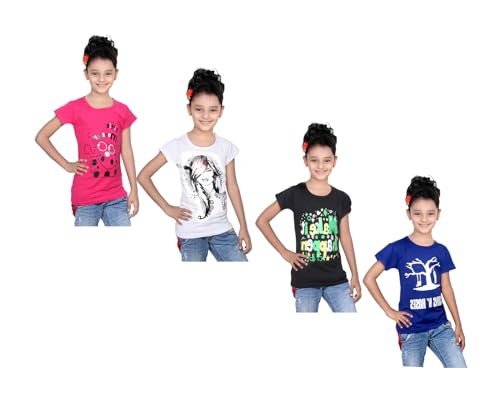 Image of indi weaves Girls Pure Cotton Chest Printed Half Sleeves Round Neck T-Shirts (Pack of 4)