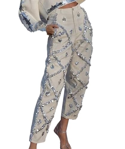 Women's Sequin Diamond Decorated Straight Jeans High Waist Elegant Casual Jeans