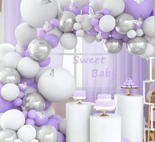 Image of Balloon Garland kit, pack of 63 pcs, Purple and silver chrome balloons with Paper butterfly for party decoratiom, home decoration items