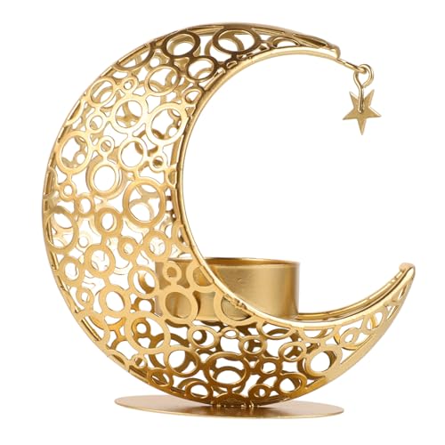 ULTECHNOVO Soporte para Velas de Hierro Forma de Luna con Diseño Árabe Decoración para Hogar Portavelas Tealight Resistente y Elegante para Mesas y Celebraciones