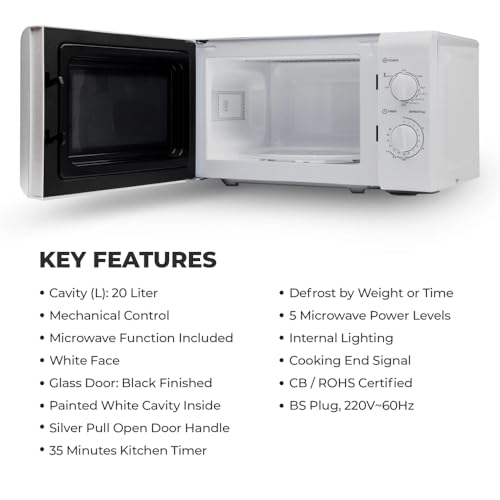 فرن ميكروويف من اوسكار | الموديل: OMW20LMCW | سعة 20 لتر | عنصر تسخين بقدرة 1.5 كيلو واط | إعداد لإذابة الثلج | 5 مستويات طاقة مع مؤقت 35 دقيقة | طاقة مخرجة بقدرة 700 واط