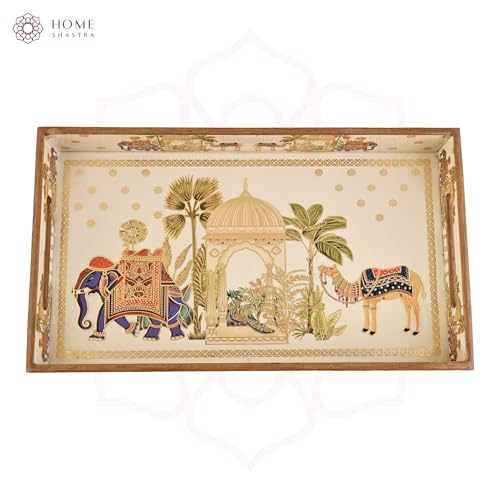 Image of Wooden Serving Tray with Gold Engraving | Set of 1 | Size : 16 x 10 inch | Enamel Coated Waterproof | Rectangular | Decorative Trays | Royal Camel Large