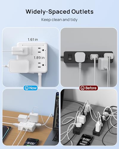 Image of TROND Surge Protector Power Strip, 5FT Flat Plug Extension Cord with 8 Outlets & 4 USB Ports (3 USB C), 1625W, Wall Mount Outlet Extender for Home Office Dorm Room Essentials, White