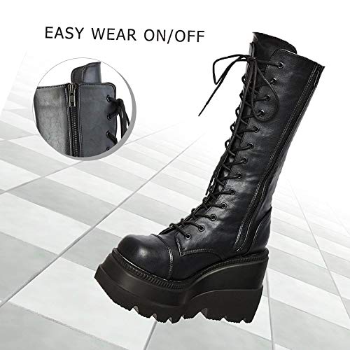 Celnepho Womens High Platform Mid Calf Wedges Chunky High Heel Round-Toe Side Zip Fanshion Combat Boots For Women #TOP5