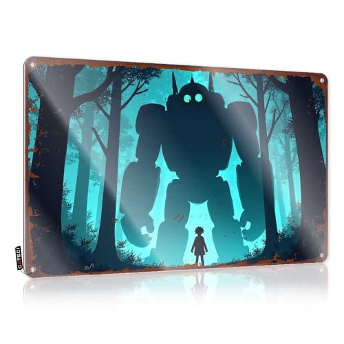 LOP Letrero de metal para decoración de pared con texto en inglés 'Encuentro silencioso: un niño se encuentra con un gigante en el bosque' (20 x 30 cm)