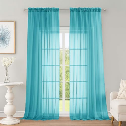 Image of OWENIE Extra Long Turquoise Sheer Curtains 96 Inches Long 2 Panels Set, Soft Lightweight Airy Voile Sheer Curtain for Bedroom Living Room, Rod Pocket Solid Color Farmhouse Curtains, 59 inch Wx96 L Inch
