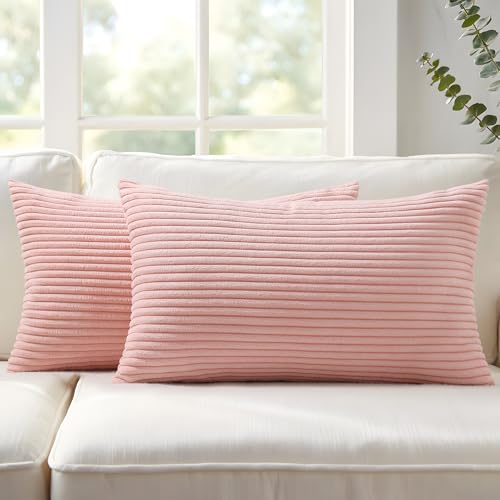 Mecatny Corduroy Decorative Throw Pillow Covers 12x20 Set of 2 for Sofa Living Room, Soft Neutral Boho Couch Pillow Covers for Home Decor, Pink