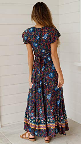 Image of R.Vivimos Women's Summer Short Sleeve Floral Print Bohemian Beach Waist Tie Wrap Long Flowy Dress with Slit