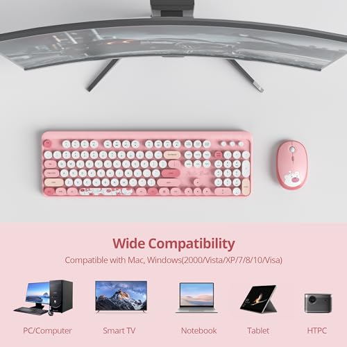 Image of Guffercty kred Gtsp Pink Typewriter Keyboard Wireless Mouse Combo, Cute Keyboard 2.4G Office Full-Sized Retro Keyboard With Round Keycaps For Laptop PC Desktops(Pink)
