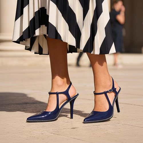 Image of SAMMITOP Womens High Heels Ankle Strap Pointed Toe Stilettos Patent Leather Beaded Pumps Dress Shoes 3.5 Inch
