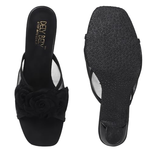 Image of Dely Bely Women's Black Floral Embellished Heels | Stylish Slip-On Party Sandals with Comfortable Heel for Wedding, Festive & Casual Wear
