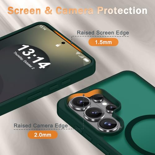Image of YENAPOON for Samsung Galaxy S26 Ultra Case, Matte Magnetic Phone Cover [with 1 Screen Protector] [Support for MagSafe] [Shockproof Military Grade Protection] Translucent Frosted Back, Dark Green