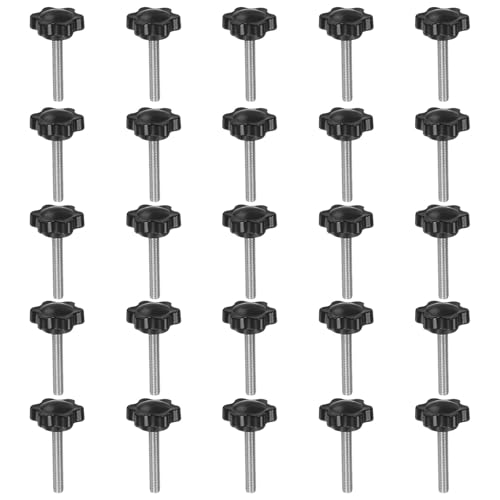 HARFINGTON 25pcs Star Knobs M5 x 30mm 304 Stainless Steel Threaded Stud 25mm Plastic 6-Star Head Hand Tightening Thumb Screw Clamping Jig Knob Handle, Black